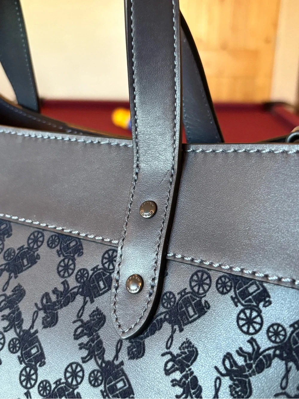 Coach Field tote 40 Horse and Carriage print Navy with brown suede